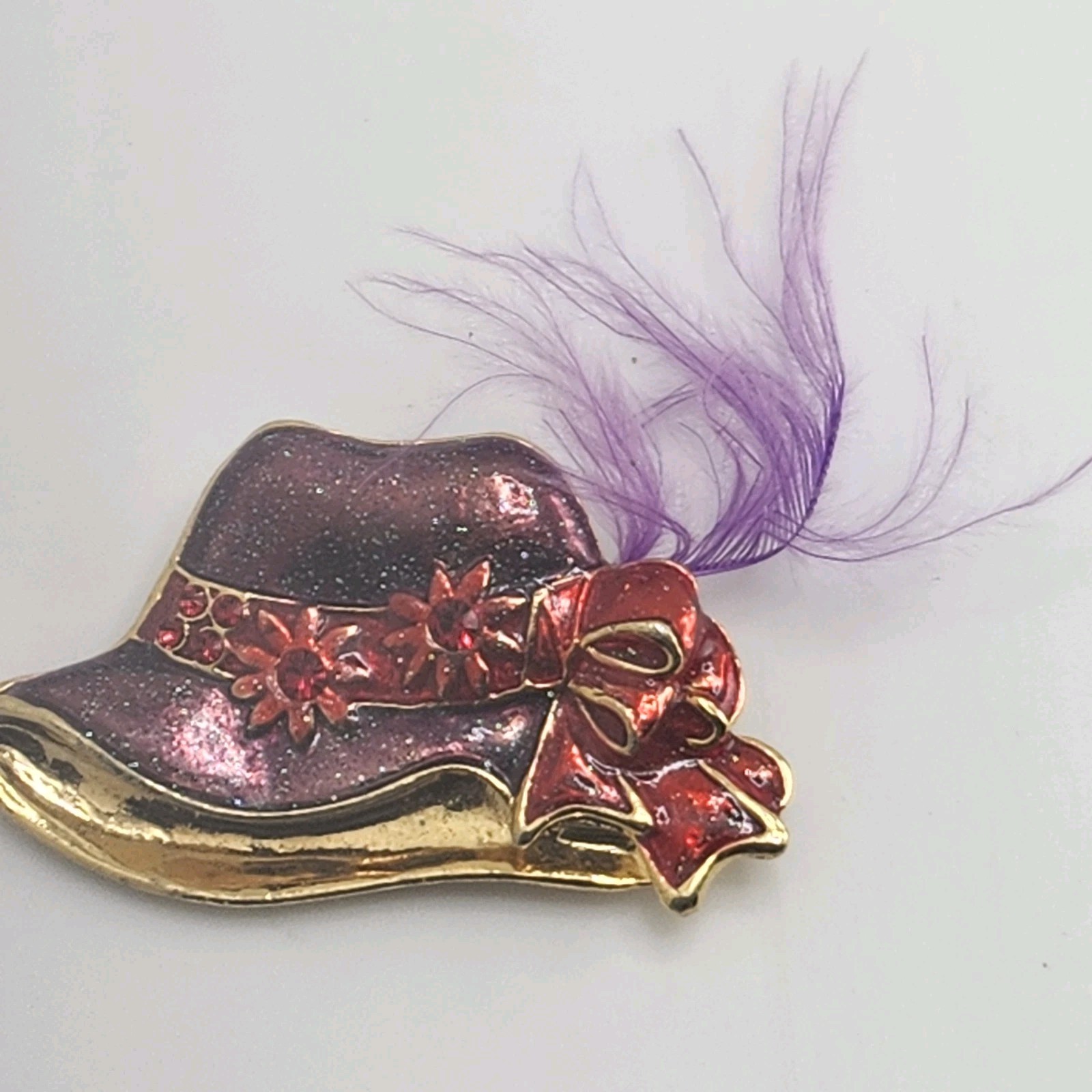 Vintage Red Hat Society Glitter Hat Brooch Pin With Feather