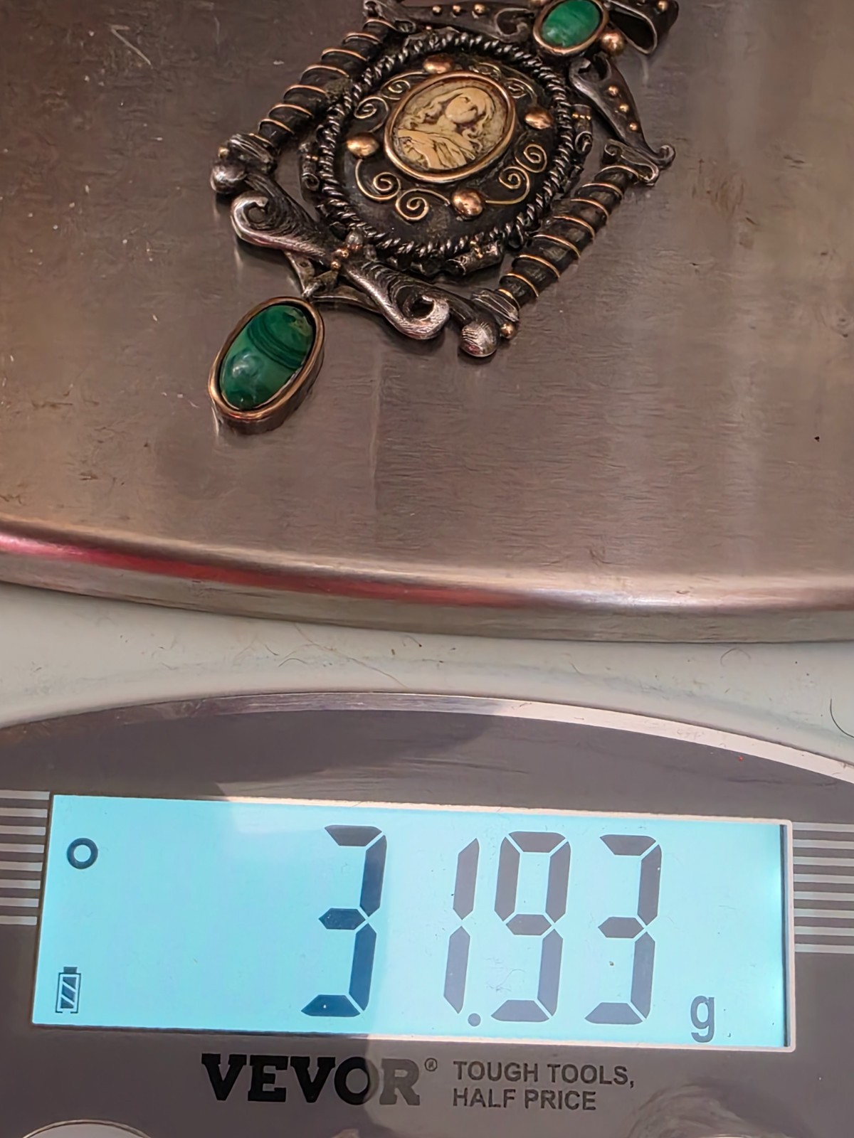 Antique Gold Silver Religious Pendant Virgin Mary Malachite Large Rare