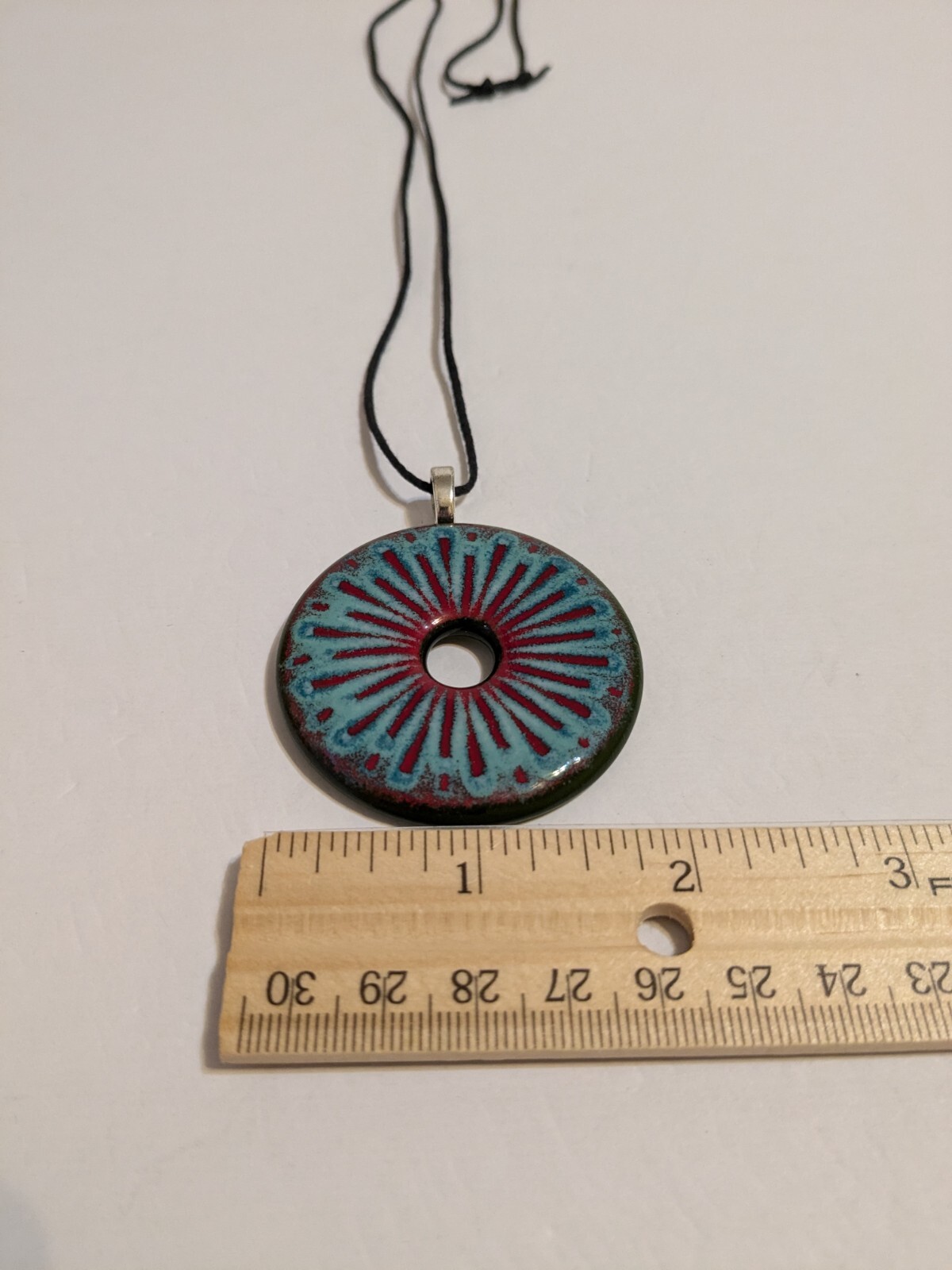 Round Multicolor Resin Pendant And Black Cord Necklace. FLAWED Cord.