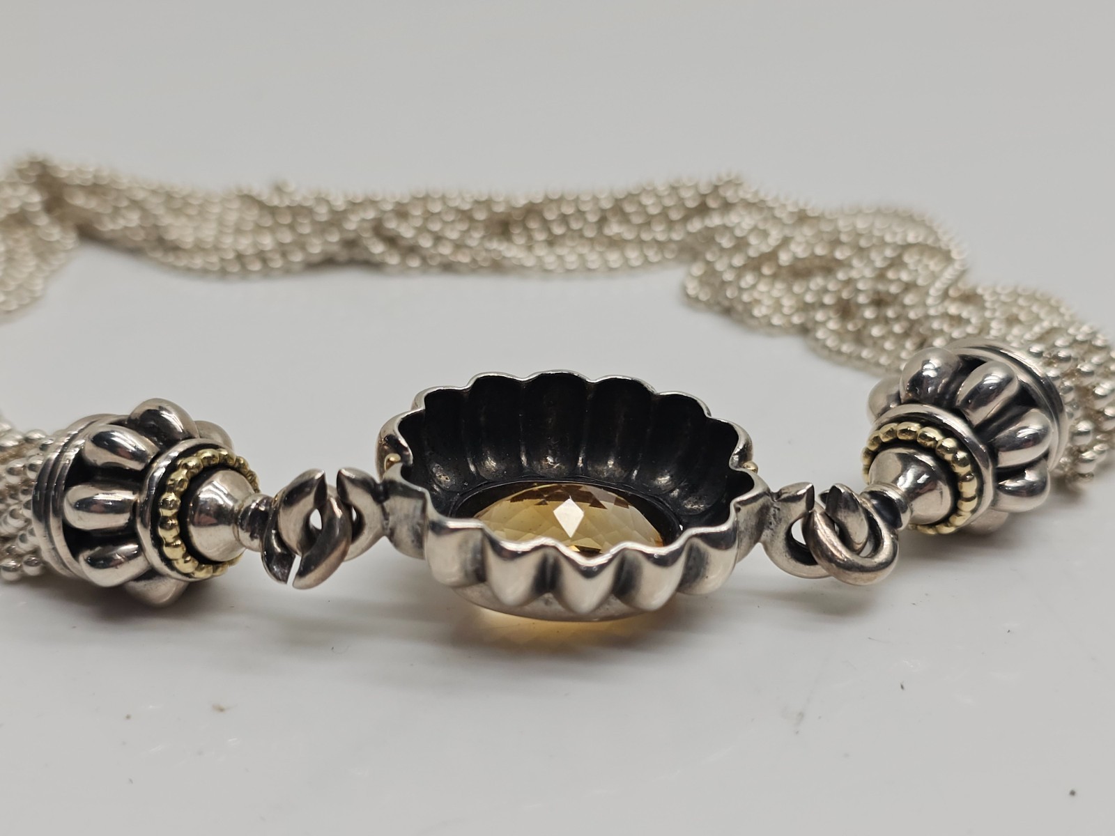 Multi Strand Silver 925 Bead Necklace Amber Glass Front Clasp Statement 17.5 in