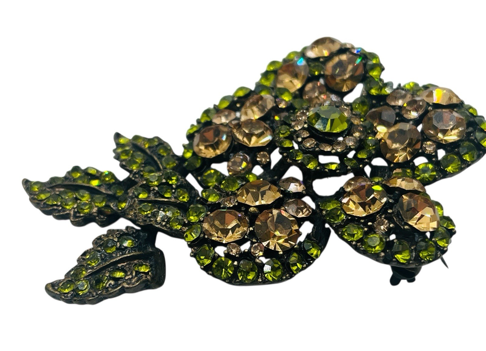 Vintage 1980’s Champagne & Olivine Glam Large Flower Glass Rhinestone Brooch