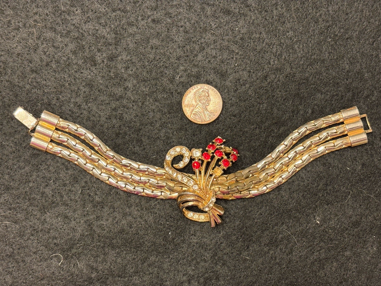 RARE VTG CORO? GOLD TONE CRYSTAL RHINESTONE BOUQUET TRIPLE ROW BRACELET *43.6 g