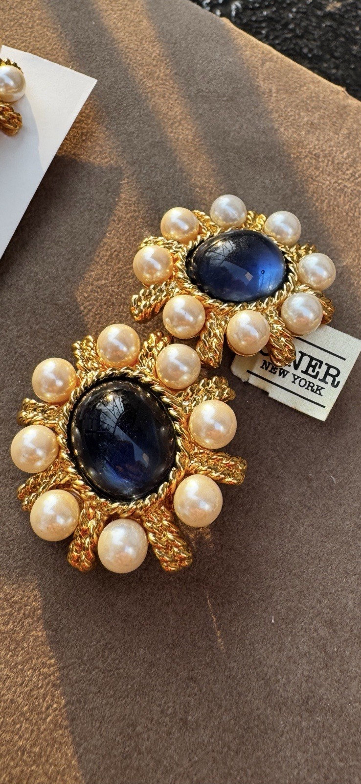 Vintage NOS Ciner French Blue Gripoix Glass Cabochon & Japanese Pearl Earrings!