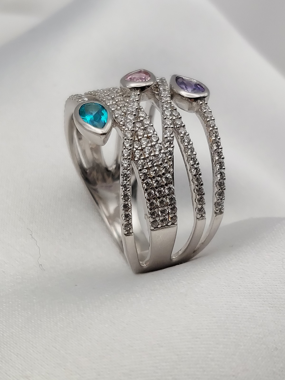 Vintage PJM 6Band Sterling Crystal Muti Color Pear Cut Gemstones Ring 5.9Gr Sz8