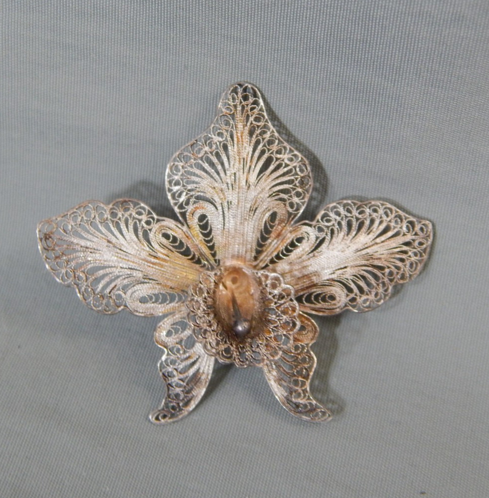 Antique Vintage 800 Silver cannetille Filigree Orchid Dimensional Brooch Pin