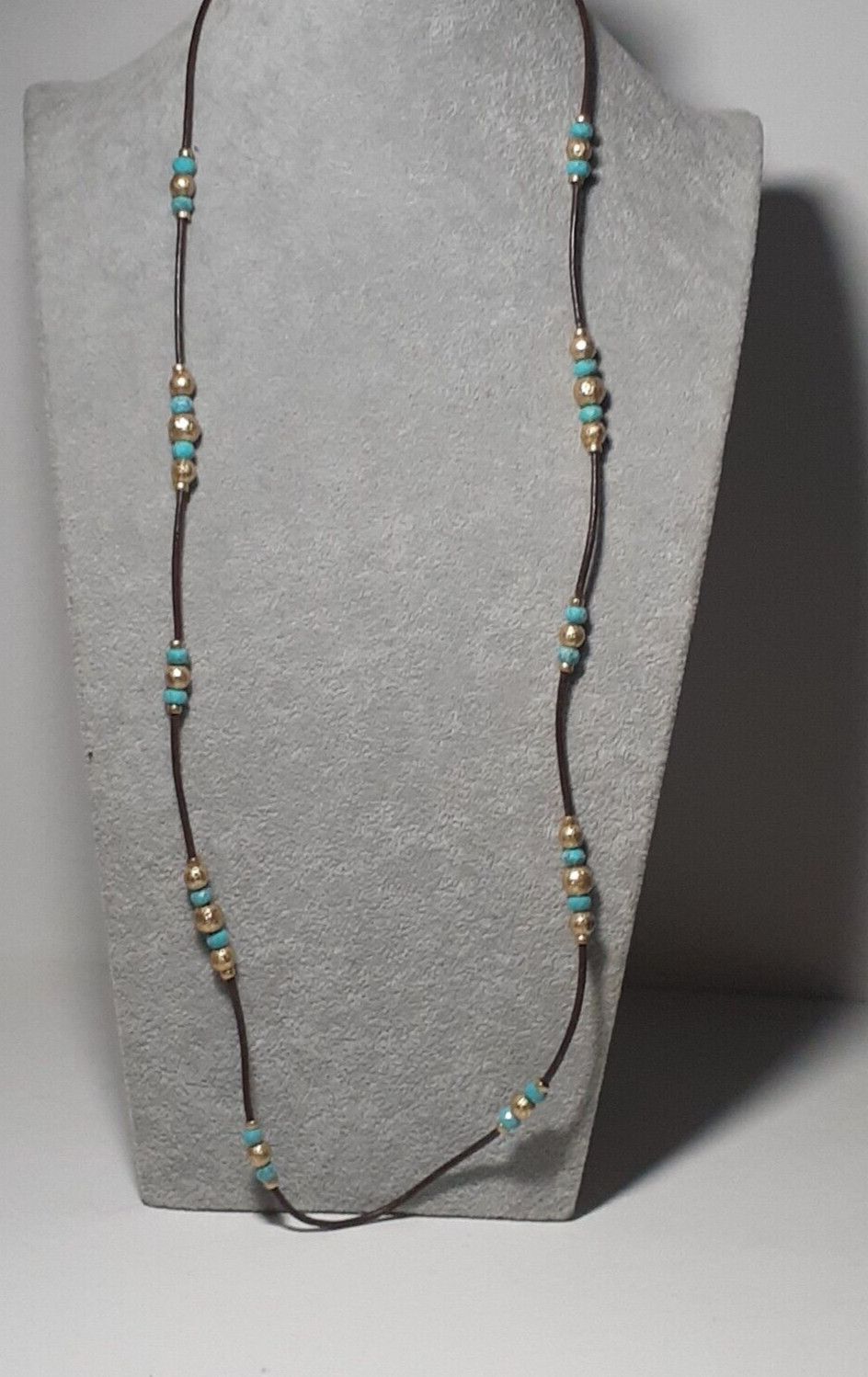 Artisan Leather Cord Necklace Hammered Metal Beads Blue Mixed Materials 32″