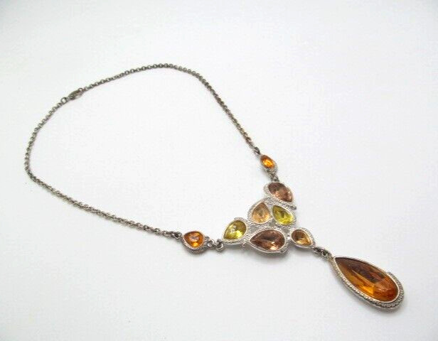 Vintage Yellow Orange Peach Glass Bead Setting Lariat Dangling Necklace 16.5 In