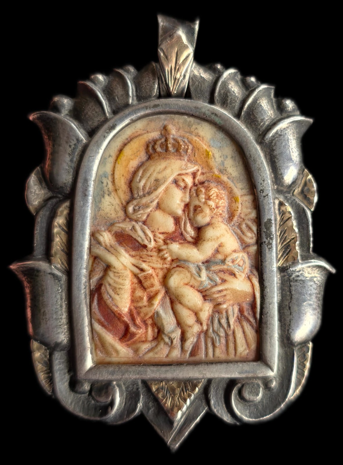 Fine Antique Art Nouveau Silver Gold Madonna Virgin Mary and Jesus Pendant C1900