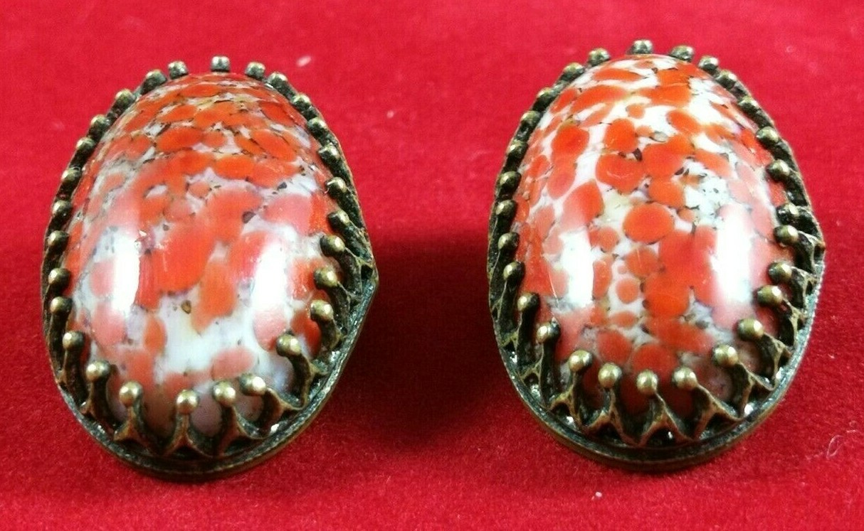 Vintage Czech Earrings Red Art Deco Glass Crystals Bohemian Art Glass Cabochon