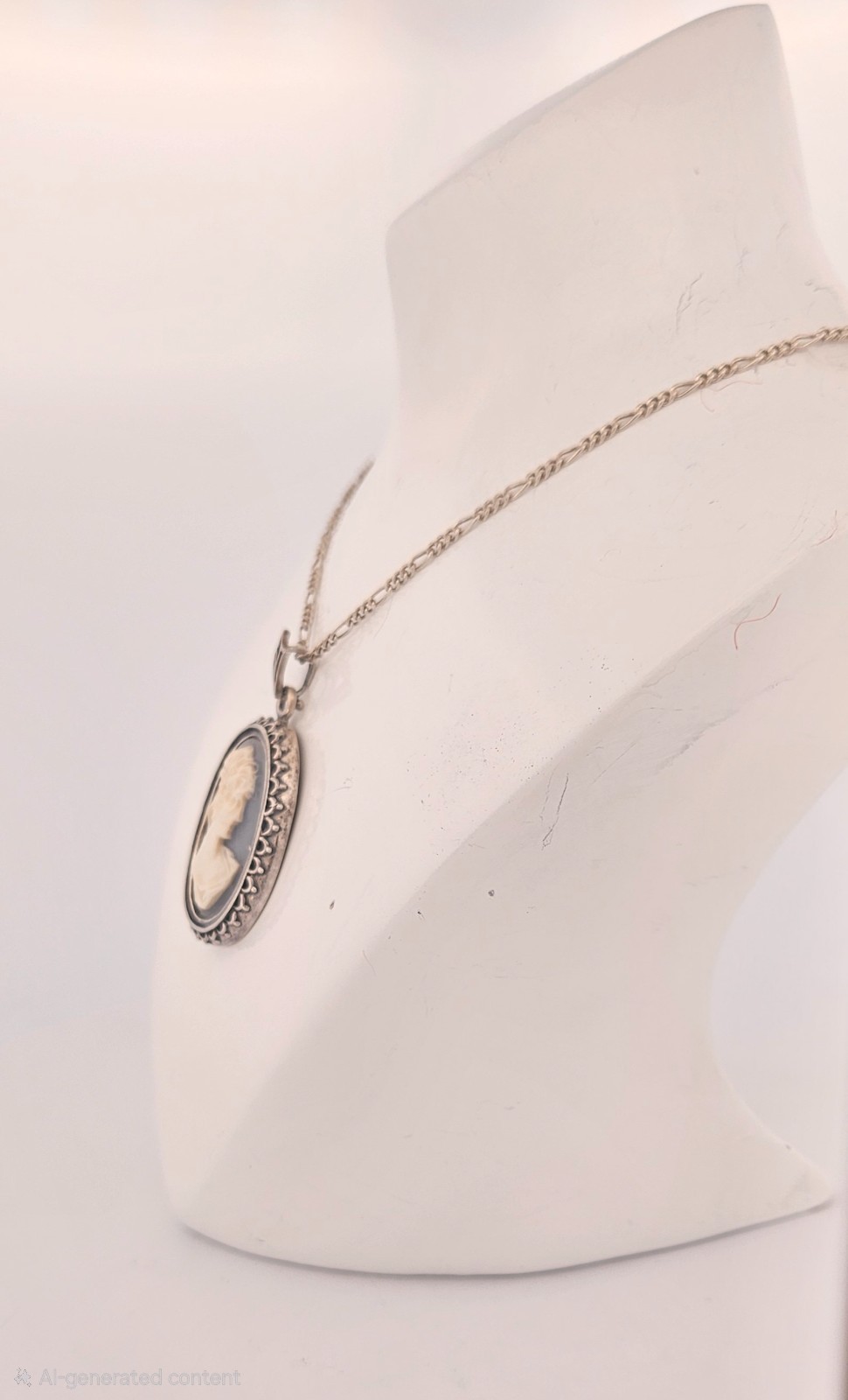 Sterling silver carved vintage cameo pendant on thin figaro chain necklace 18″