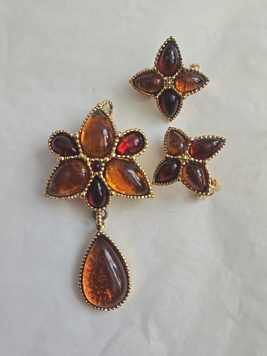 Vtg Avon Mogul Topaz Lucite Cabochon Star Dangle Pin Pendant Clip Earrings