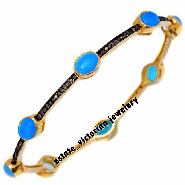 Vintage 1.52Ct Rose Cut Diamond Turquoise Silver Amazing Bracelet Bangle Jewelry