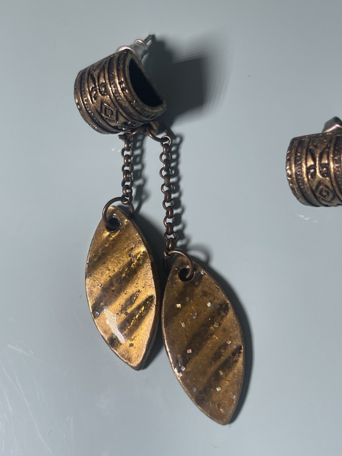 Vintage Copper Tone Dangle Earrings Glitter Enamel Leaf Drops Boho Tribal Style