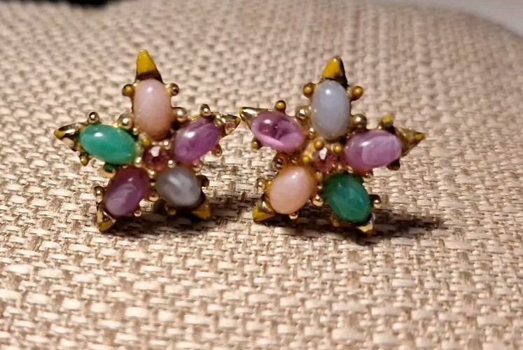 Colorful Opaque Pastel Marquise Stones Amid A Pink Stone Screw Back Earrings Vtg