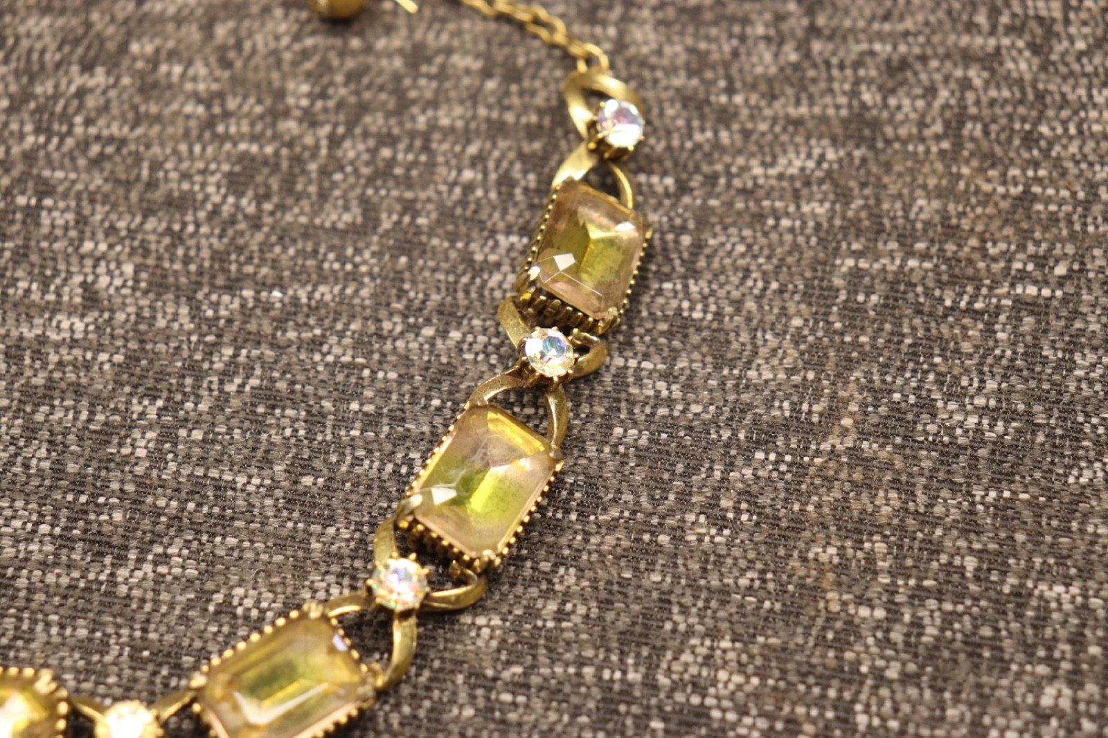 Vintage Florenza Aurora Borealis Lime Green Emerald Cut Runway Necklace