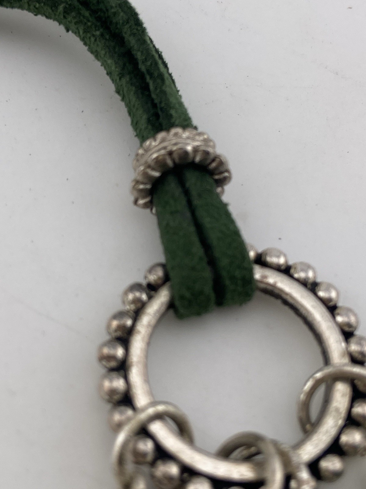Mod Vtg Silver & Green Semi Precious Stone Tassel Necklace W/ Double Suede Cord