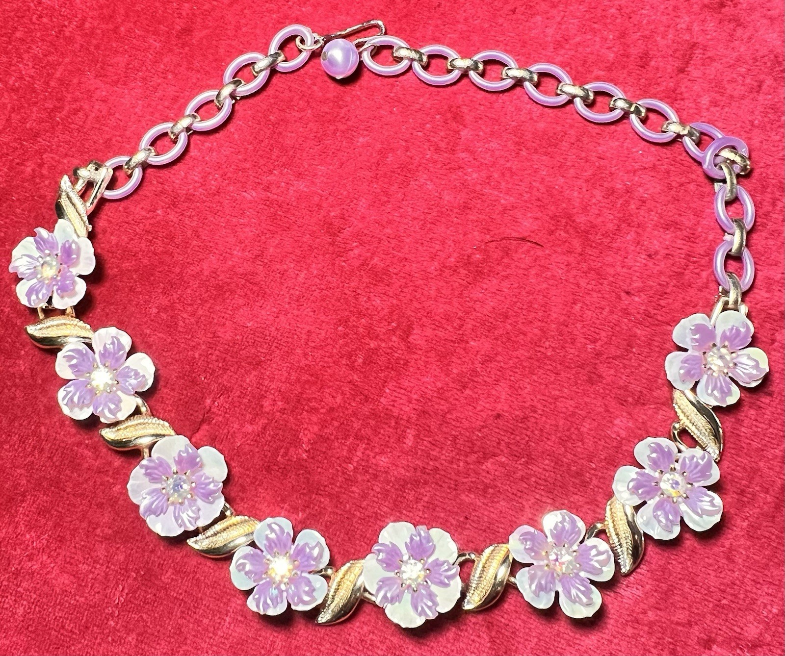 Vtg Coro Necklace Gold Tone Purple Pink White Crystal Flower Motif Adjustable