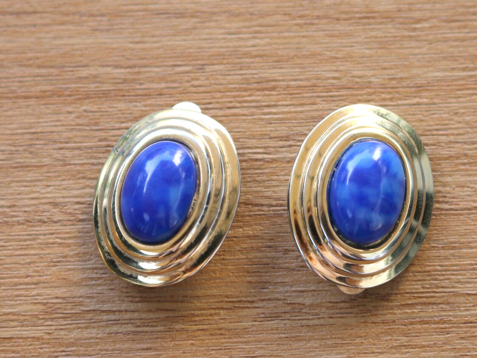 Vintage Gay Boyer Faux Blue Lapis Gold Tone Clip On Earrings