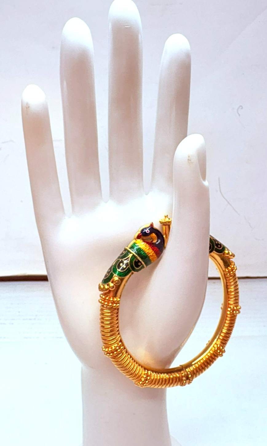 Antique 22k Yellow Gold Red Green Enamel Peacock Bangle Bracelet