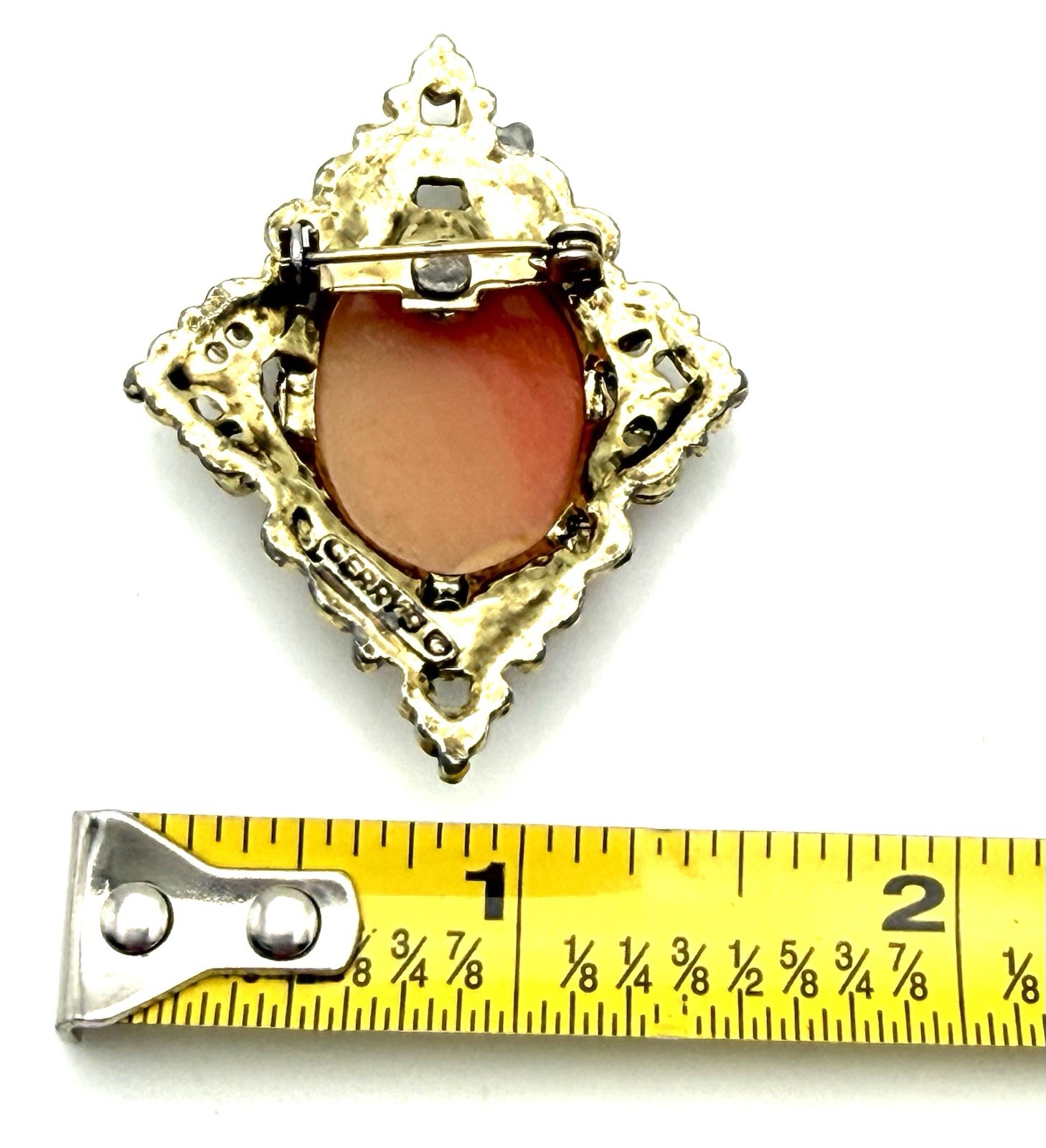 Gerry’s Vintage Cameo Brooch Pin Gold Tone Orange Cream Woman Holding Bird 2″ *