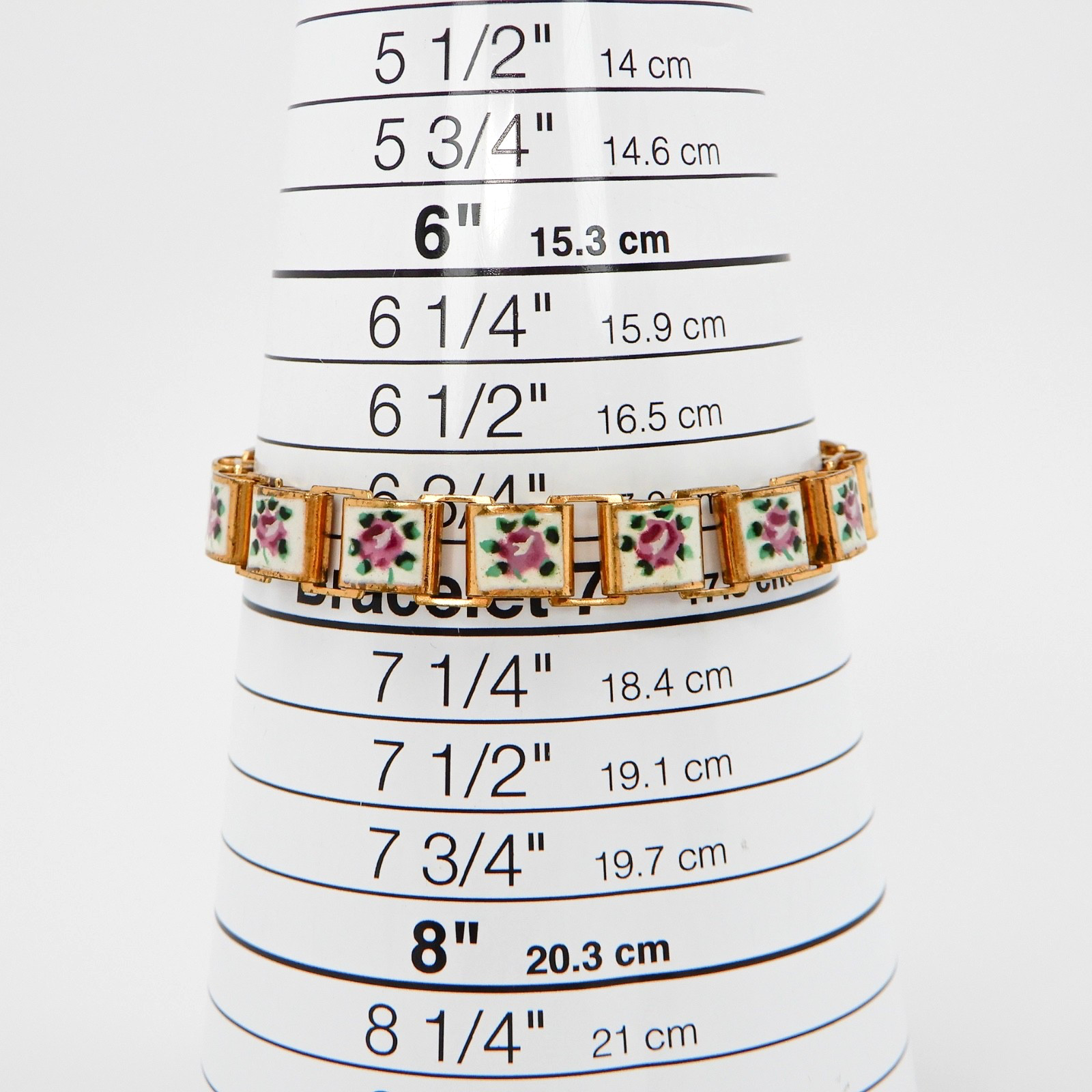 Vintage Hand Painted Enamel Panel Bracelet Pink Roses on White, Book Chain 6.75″