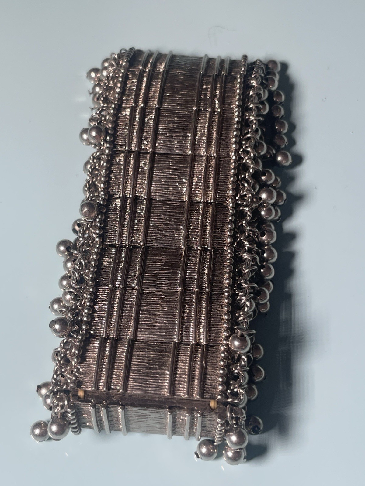 Vintage Silver Tone Stretch Cuff Bracelet Dangle Bead Fringe Boho gypsy jingle