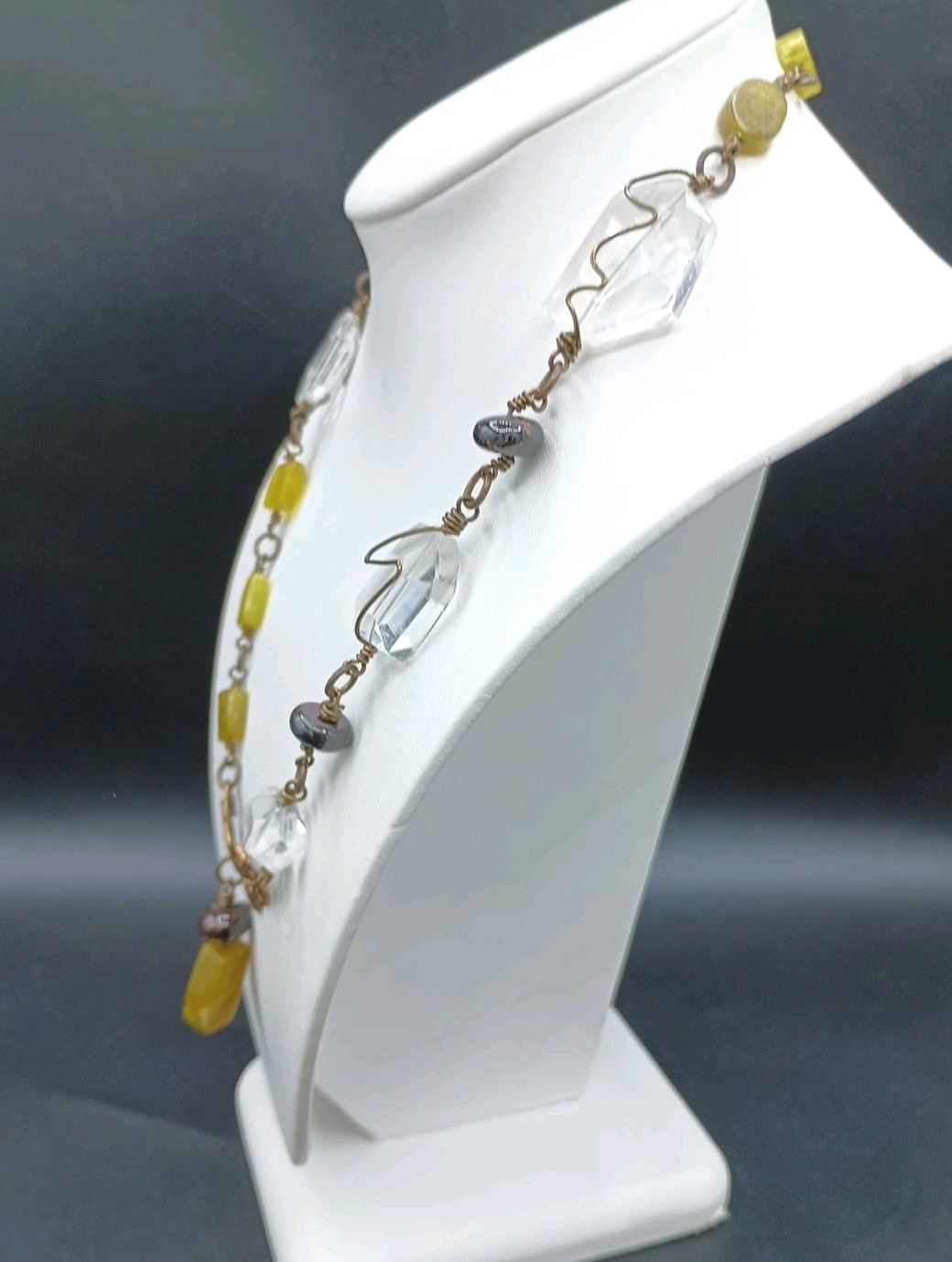 Gem Stone Necklace Copper Wire Wrap Fat Quartz Yellow Rock Floral Artisan