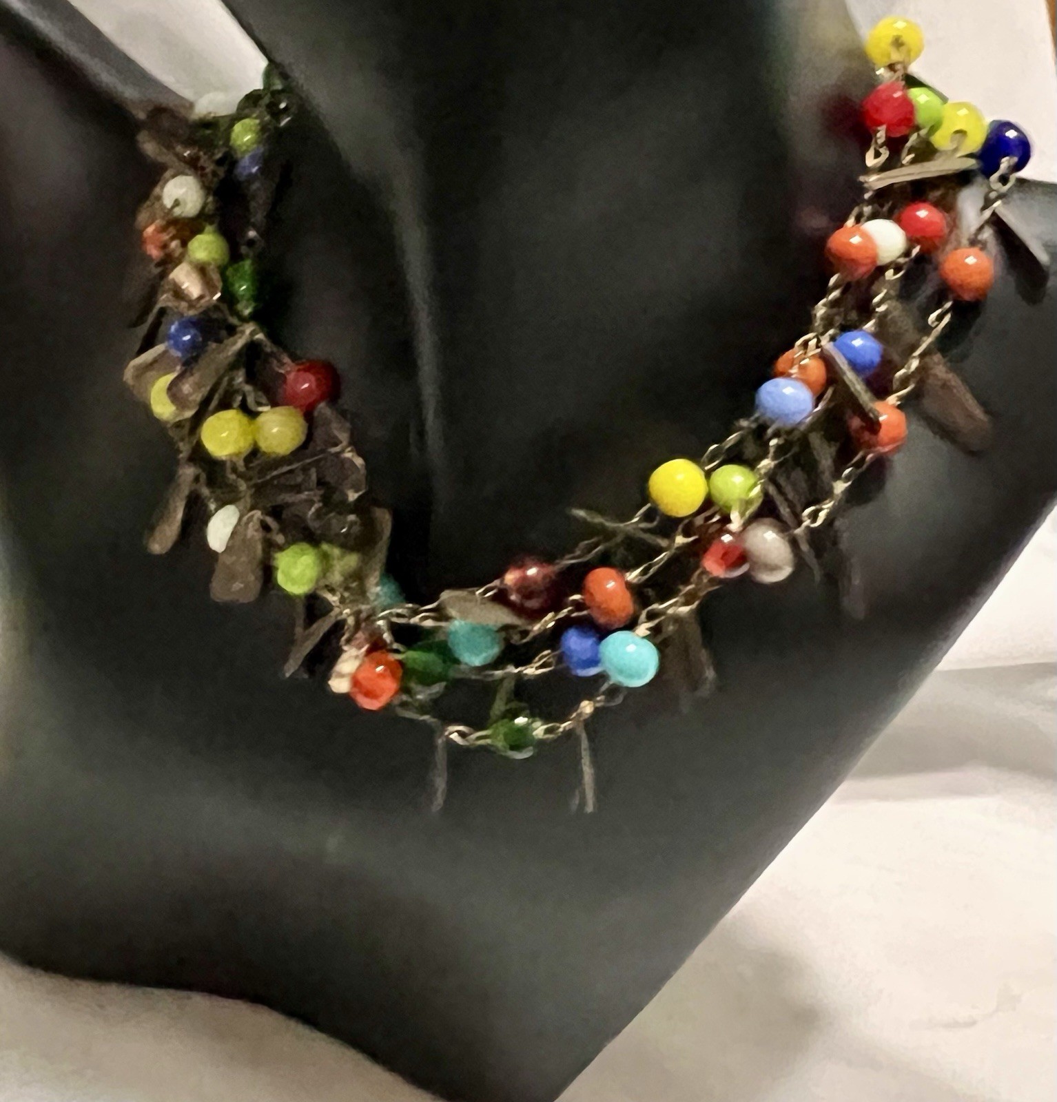 CZECH Flapper Length 54″ ART GLASS BEAD & TEARDROP METAL TAG Necklace VINTAGE