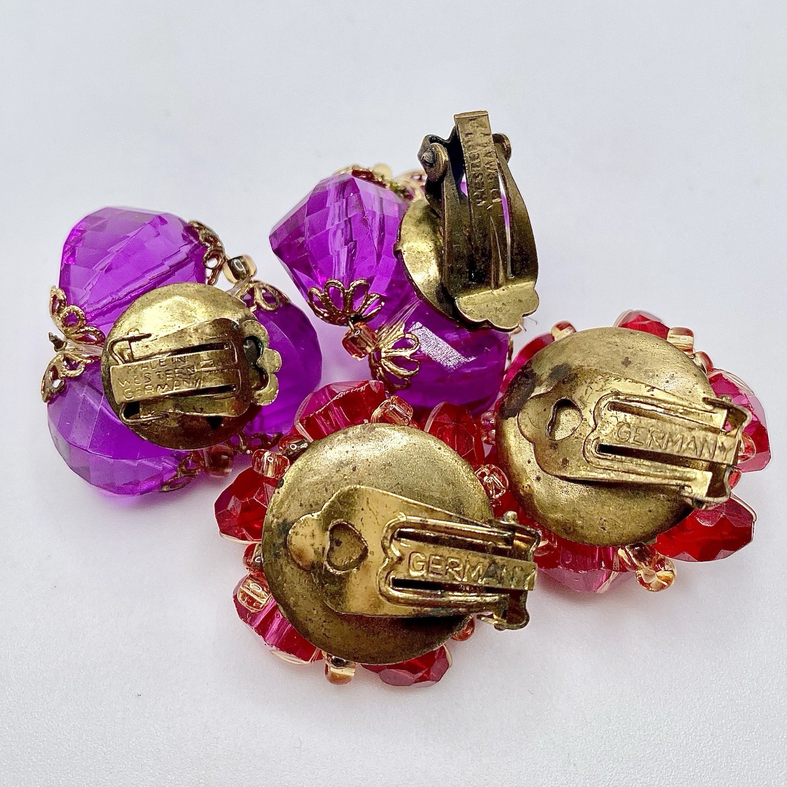 Vintage West Germany Barbiecore Clip Earrings Pink Purple Lucite Mod Set