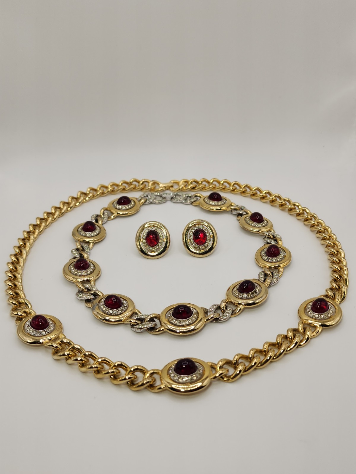 VINTAGE KENNETH LANE RARE 3 PIECE NECKLACE & EARRING SET GOLD RED CABOCHON
