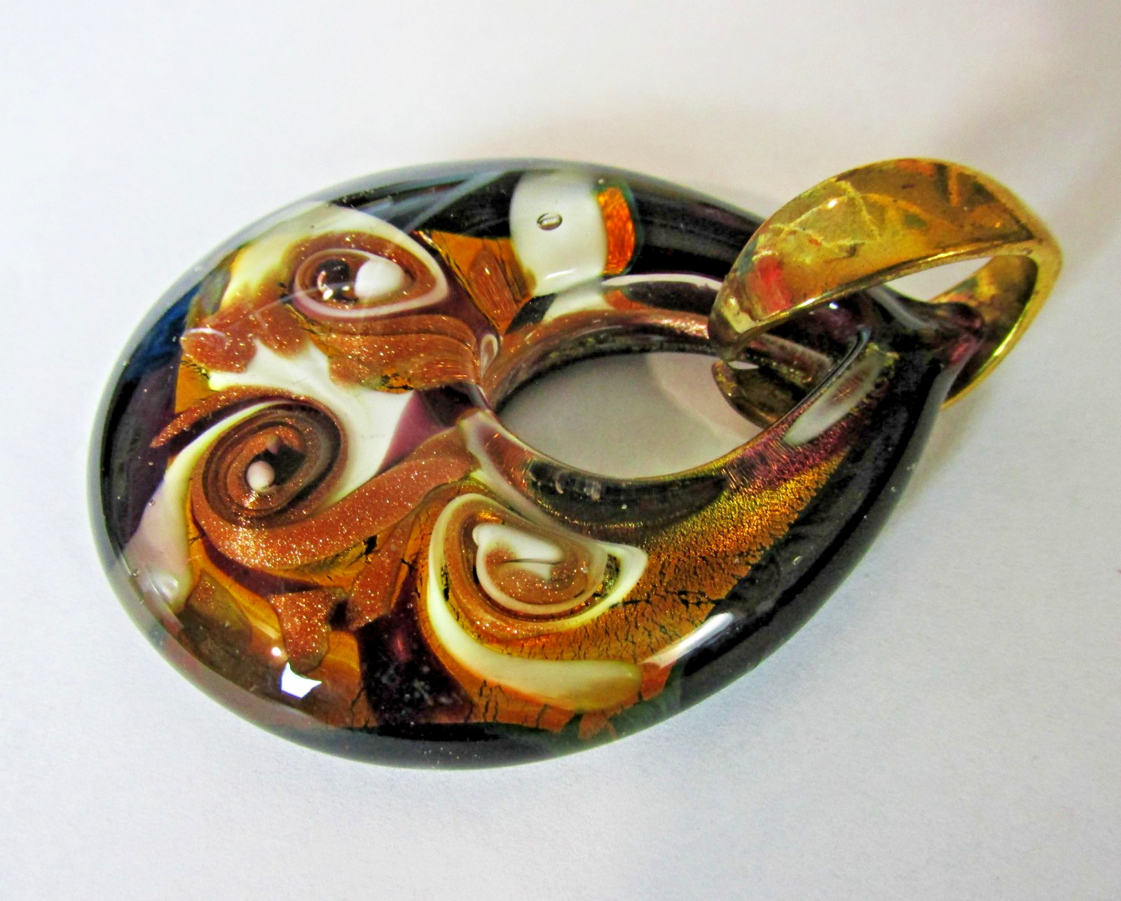 Murano Glass Open Teardrop Multi Colored Pendant Gold Plated Bail Signed