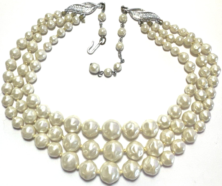 Vintage Necklace Multi Beaded Bib Faux Pearl SIGNED JAPAN White Hand Knot 9