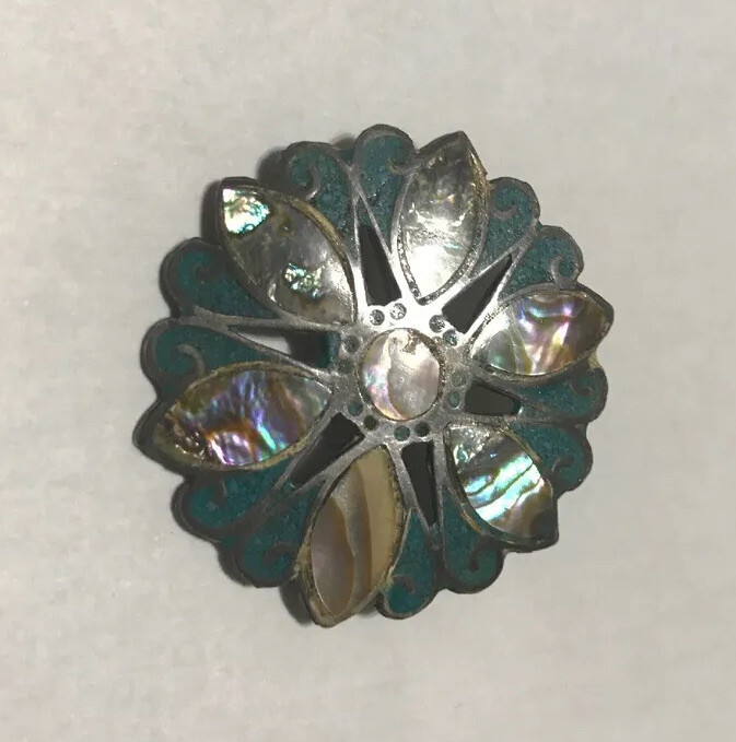 Vintage .925 Sterling Inlay Flower Brooch Pendant TC Mexico Native American