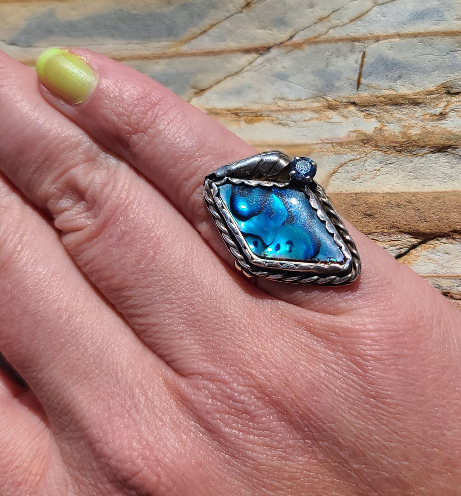 Vintage Paua Shell & Sterling Silver Ring Size 7 Leaf & Blue Rhinestone Accents