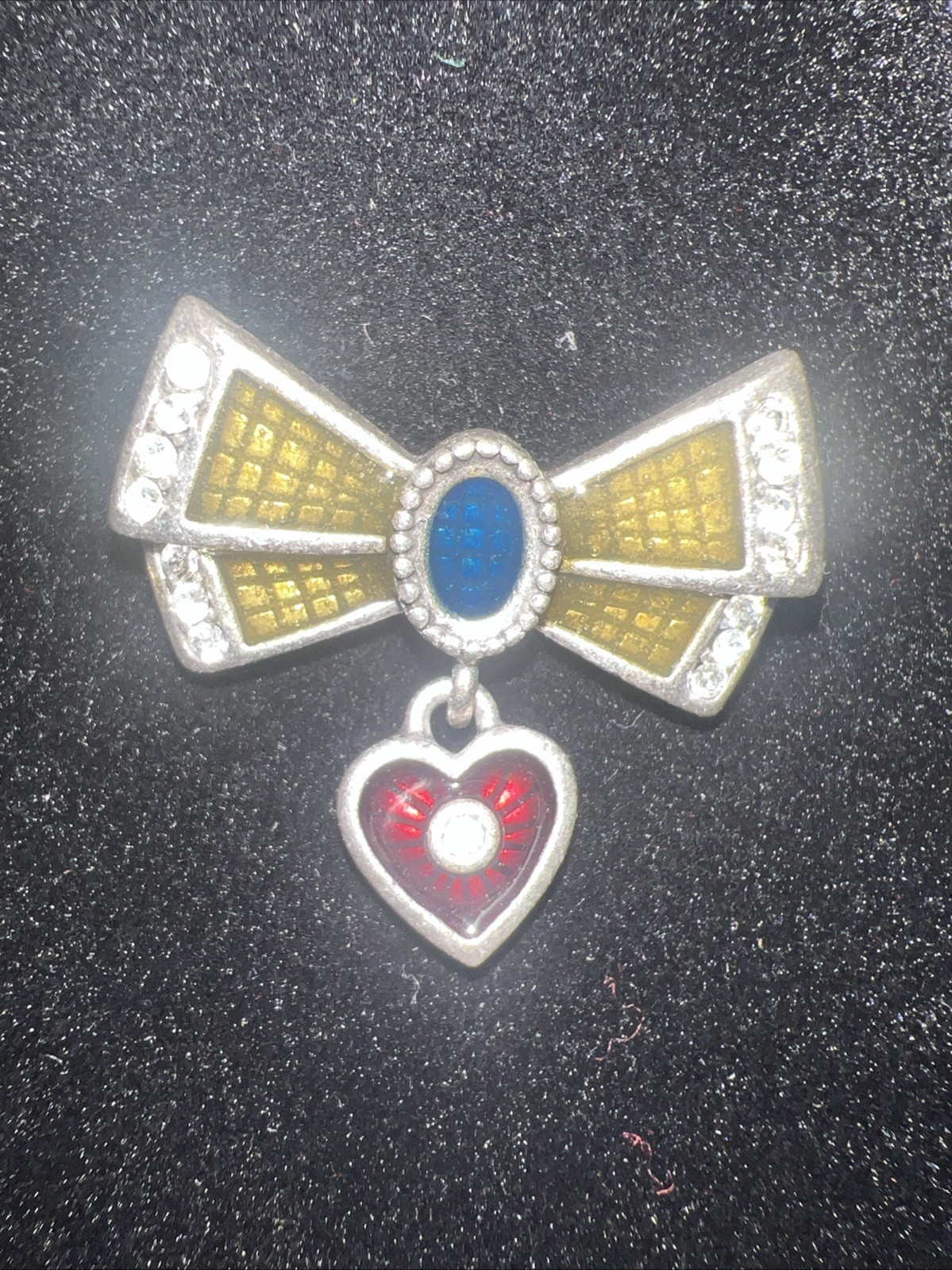 Vintage Silver Tone Multicolor Enamel Bow Heart Charm Brooch