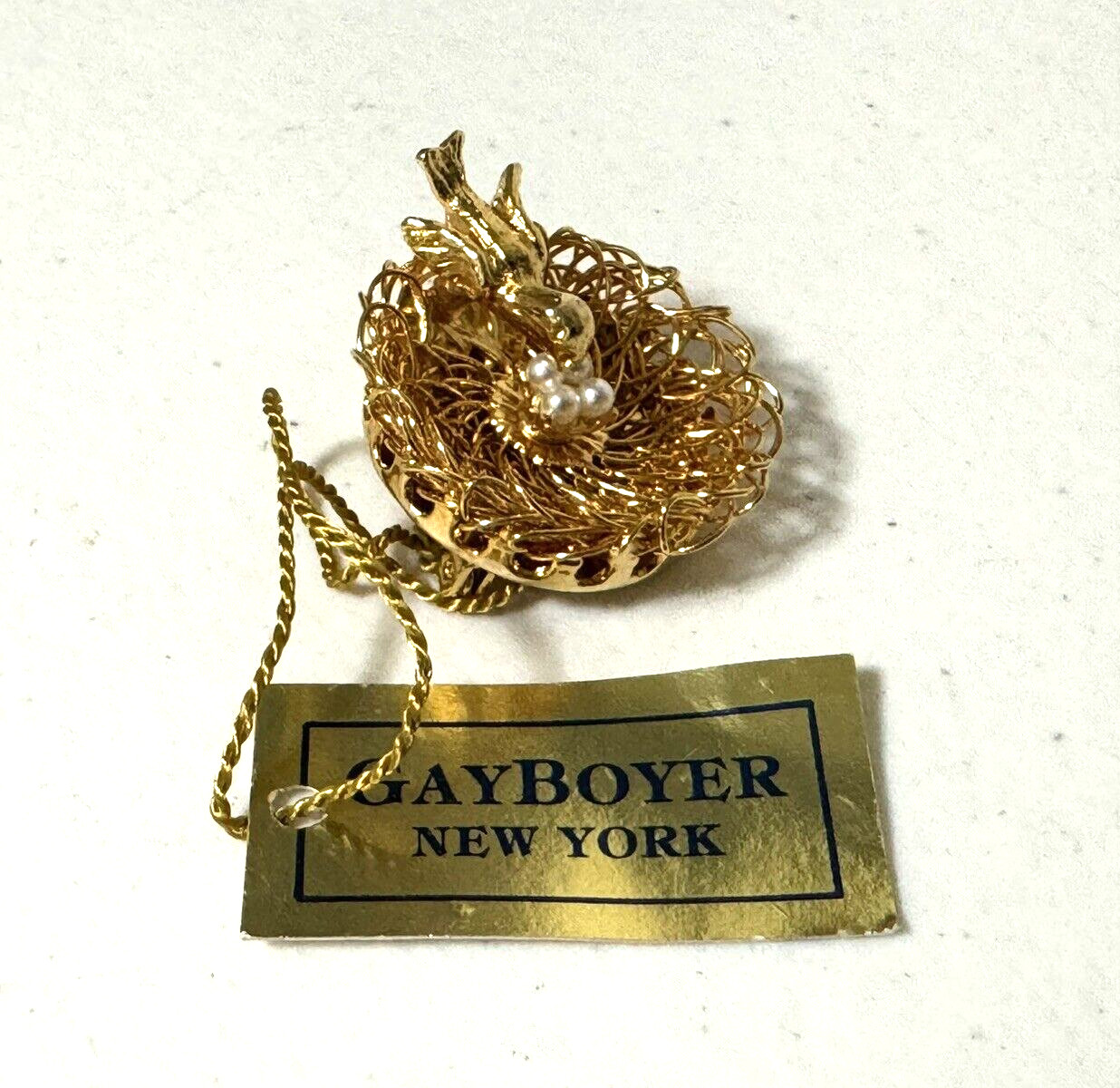 Vintage Gay Boyer New York Wired Gold Tone Faux Pearl Eggs Bird’s Nest Brooch