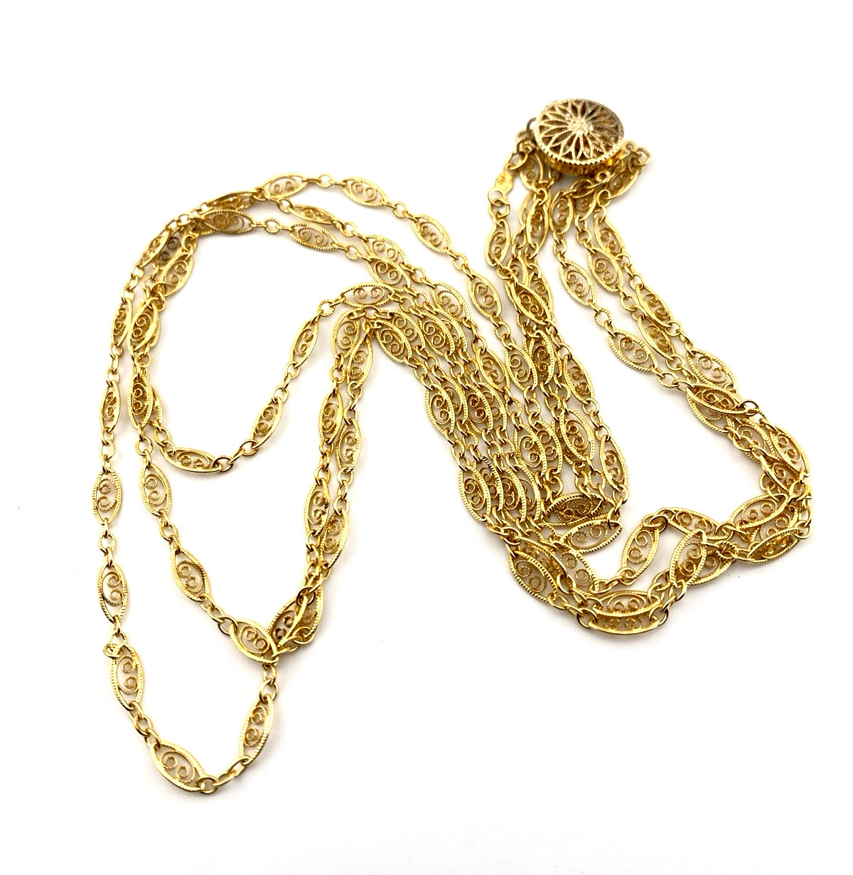 Triple Strand Filigree Link Gold Filled Necklace Vermeil Clasp 16 1/4 In