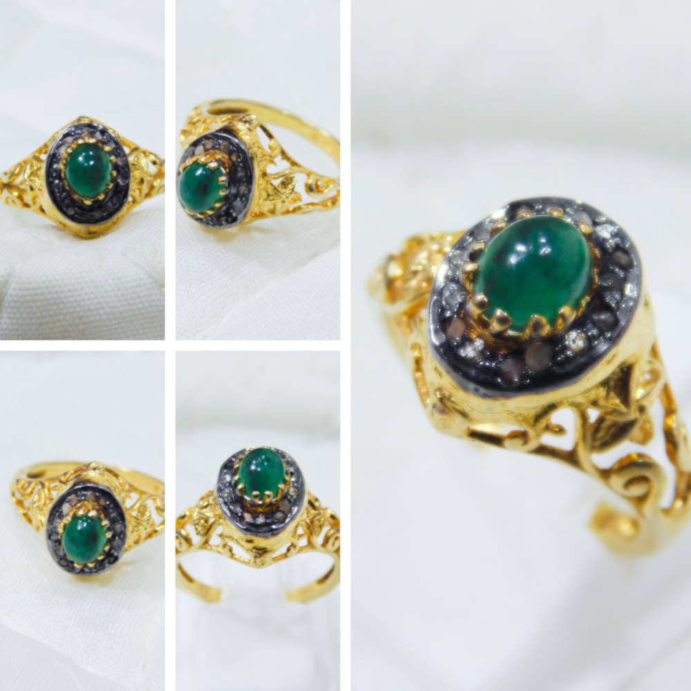 Natural Emerald & Diamond Ring, 14k Gold Plated Victorian Jewelry Gift For Her