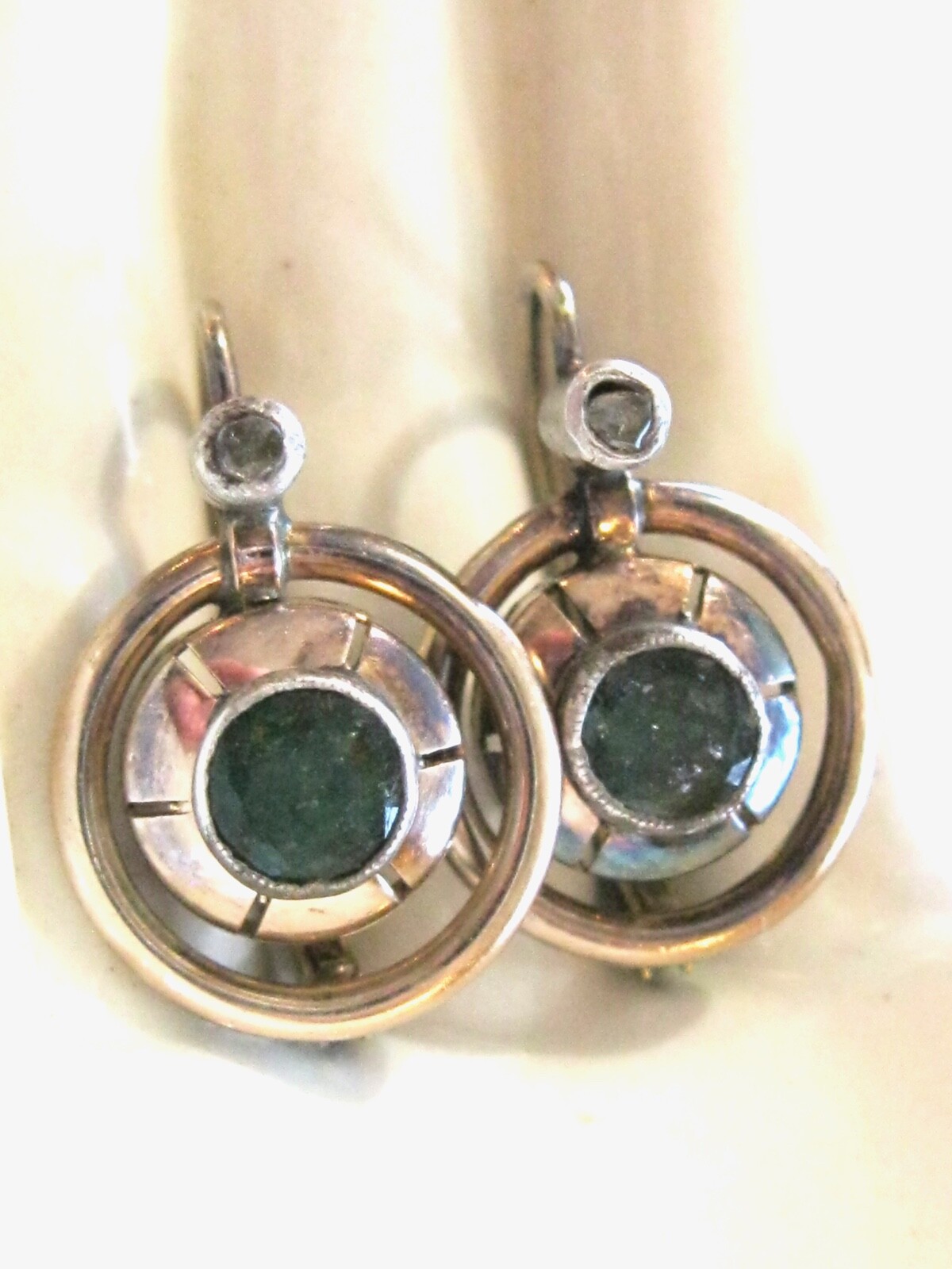 ANTIQUE CIRCULAR EMERALD AND ROSE CUT DIAMOND LEVER BACK GOLD EARRINGS 14K GOLD