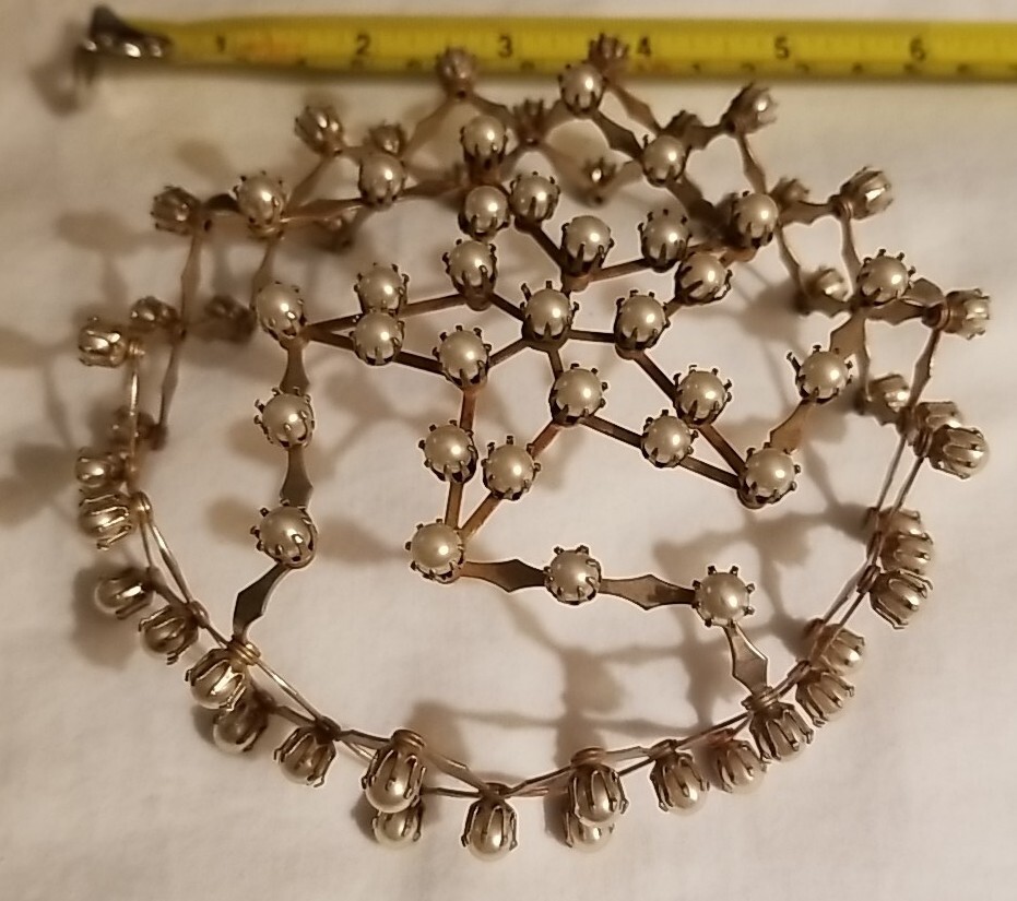 Vintage Expandable Gold Tone Chignon Bun Cage Adorned, Prong Set Pearls Wedding