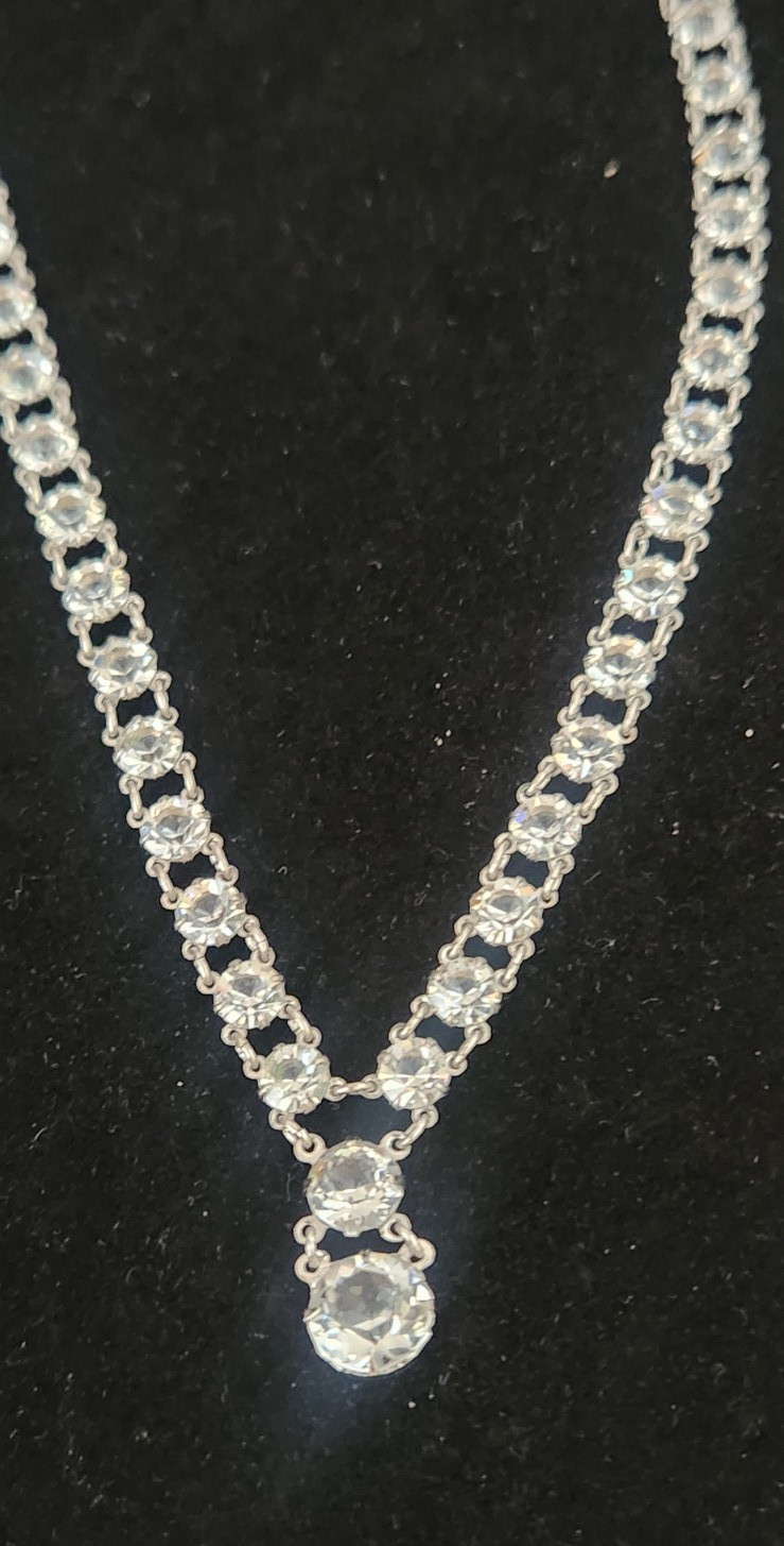 Antique Art Deco Silver Riviera Faceted Crystal Open Back Prong Set Necklace