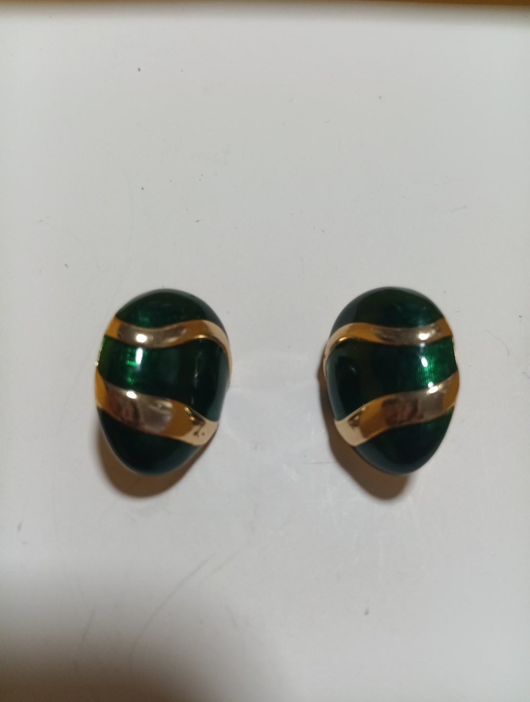 Vintage Dome Shaped Clip On Earrings Green Enamel Finish with Gold Tone Accents