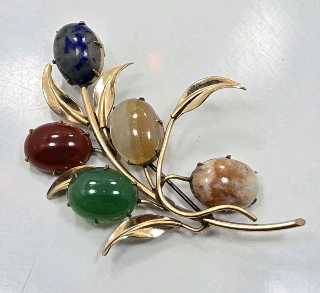 Vintage 1/20 12k Yellow Gold Filled Green Red Oval Stone Leaf Pin Brooch