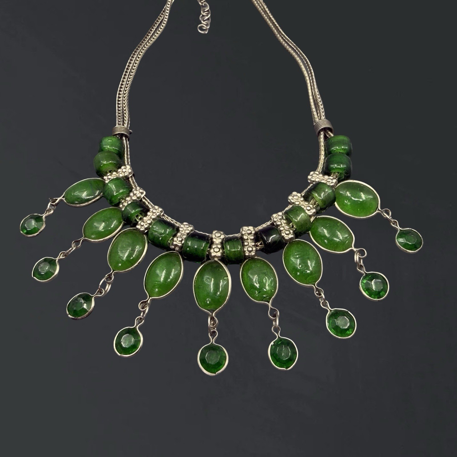Vintage BOHO Bib Necklace GREEN GLASS Southwest Artisan Drop Dangle India Silver