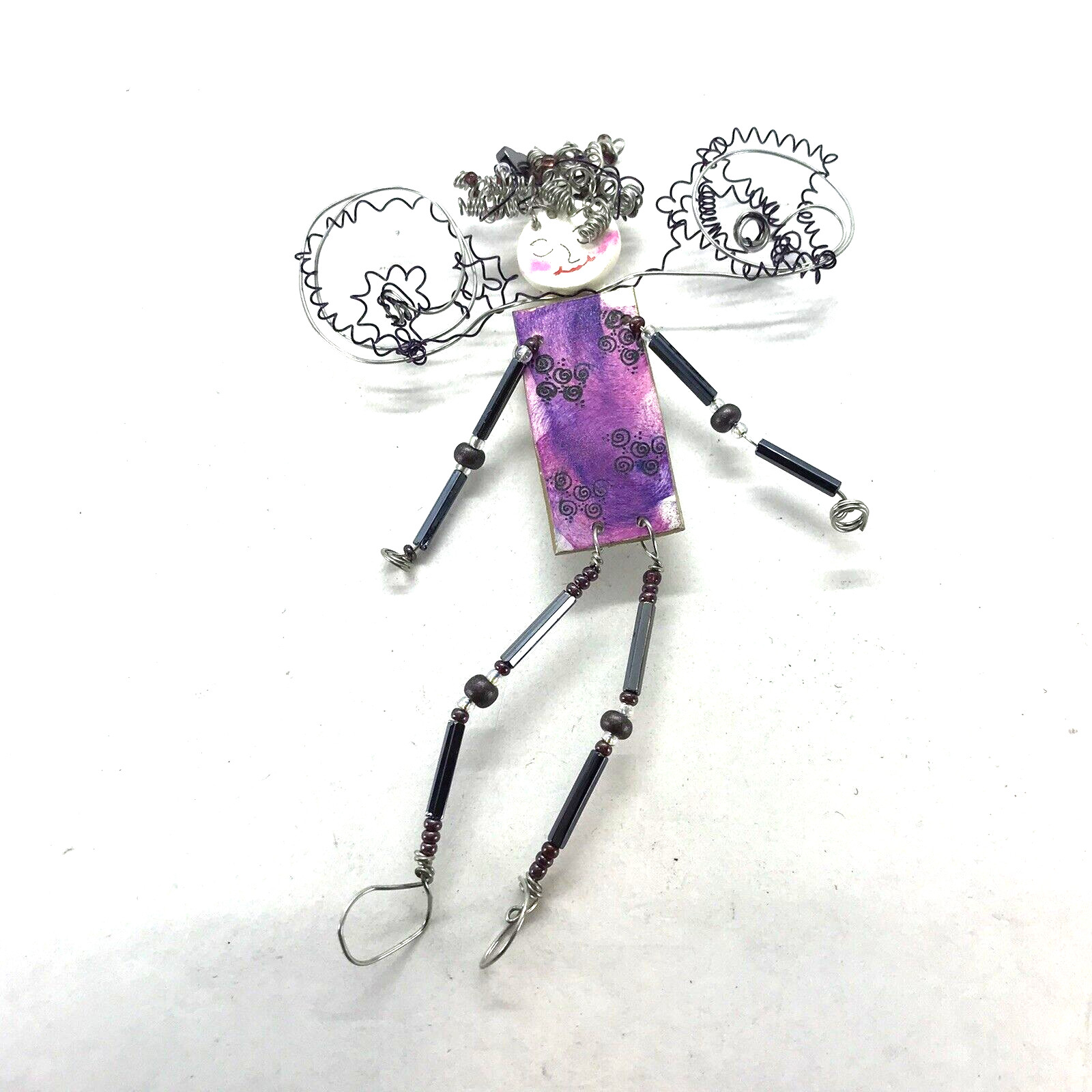 Fairy Angel Pin Brooch Handmade Whimsical Mixed Media Wire Dangler legs arms