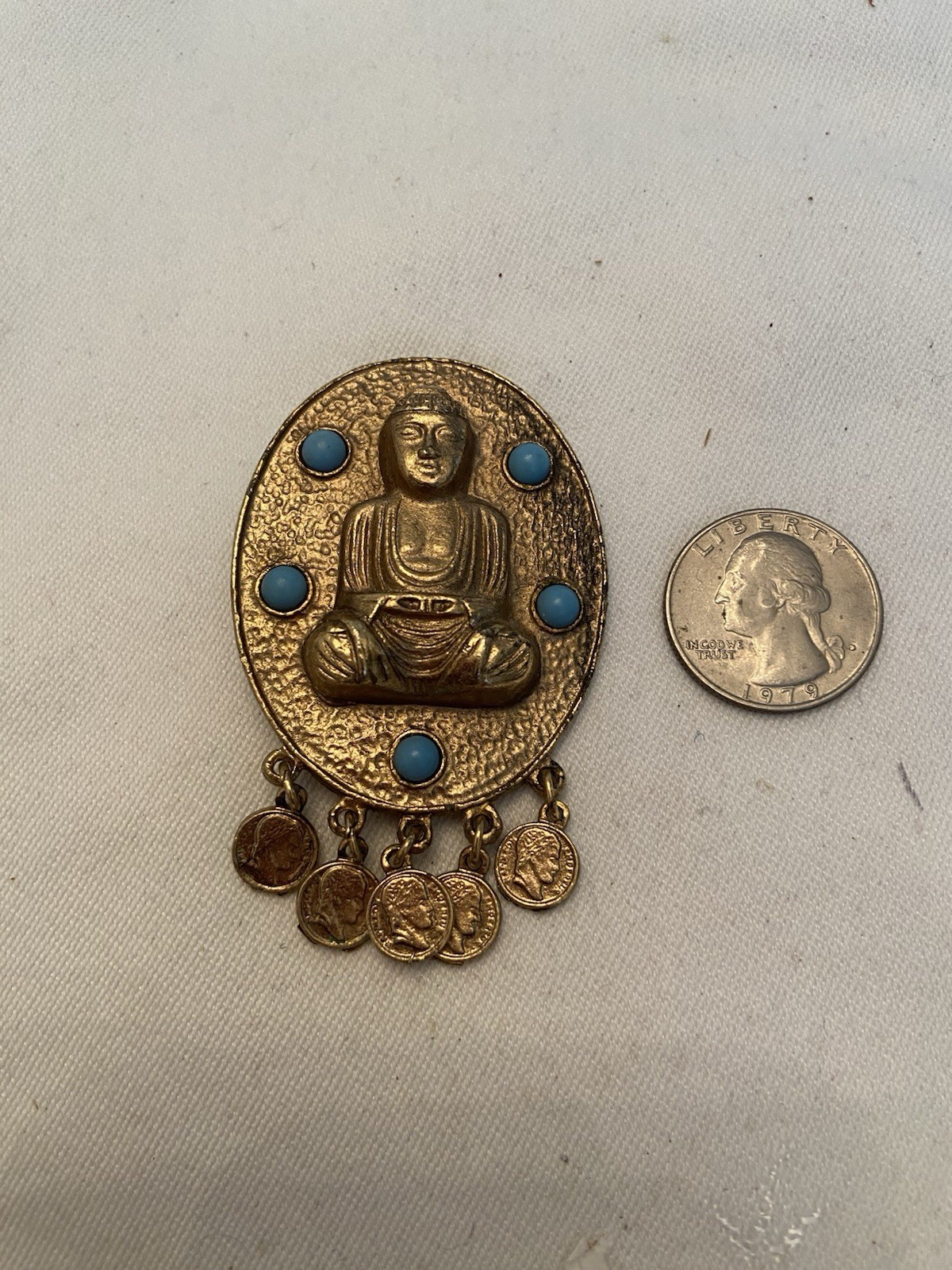 Vintage ZENTALL? Estate BUDDHA Goldtone Brooch w/Dangling Coins & Turquoise