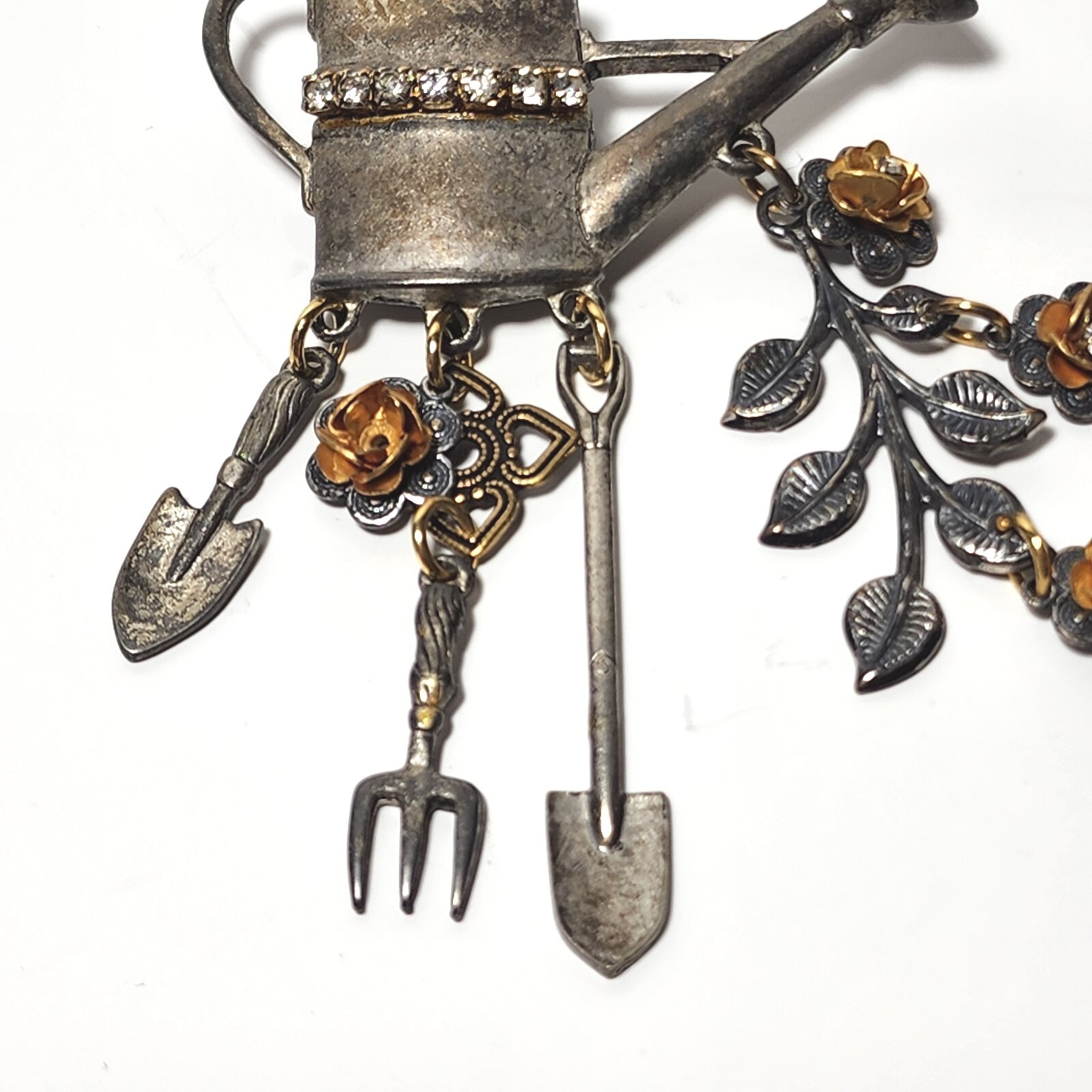 Vintage Jewelry Pewter Metal Garden Brooch Pin w Rhinestones & Gold Flowers