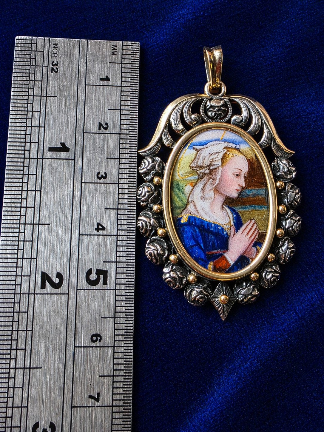 Antique Art Nouveau Silver & 18K Gold Enamel Virgin Pendant Hand Painted Medal