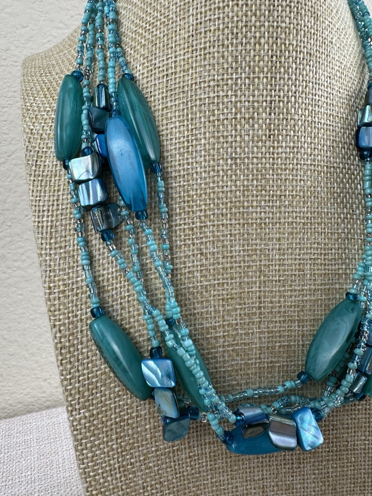 Multi Strand Necklace with Aqua Blue Dyed Abalone Shell & Acrylic Beads 18″-20″