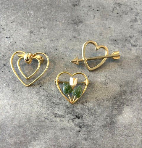 Vintage Lot of 3 Gold Tone Open Heart Brooch Pin Romantic-Tulip, Heart and Arrow